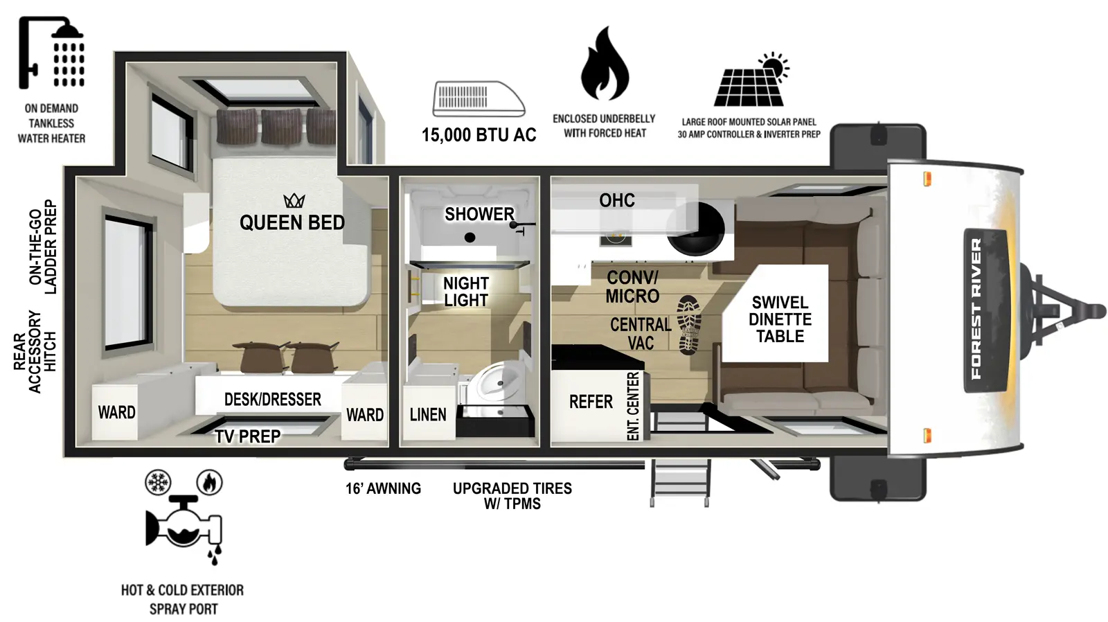 The r-pod RP-204 floorplan has one entry and one slide out. Exterior features include: fiberglass exterior and 16' awning. Interiors features include: rear bedroom and pass through bathroom.